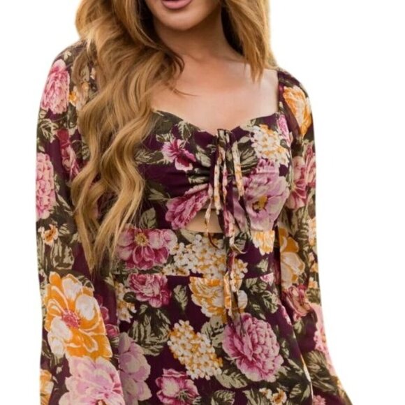 En Crème Floral Maxi Dress Boho Cutout Long Sleeve Halter Burgundy Yellow M NWT - Picture 3 of 12